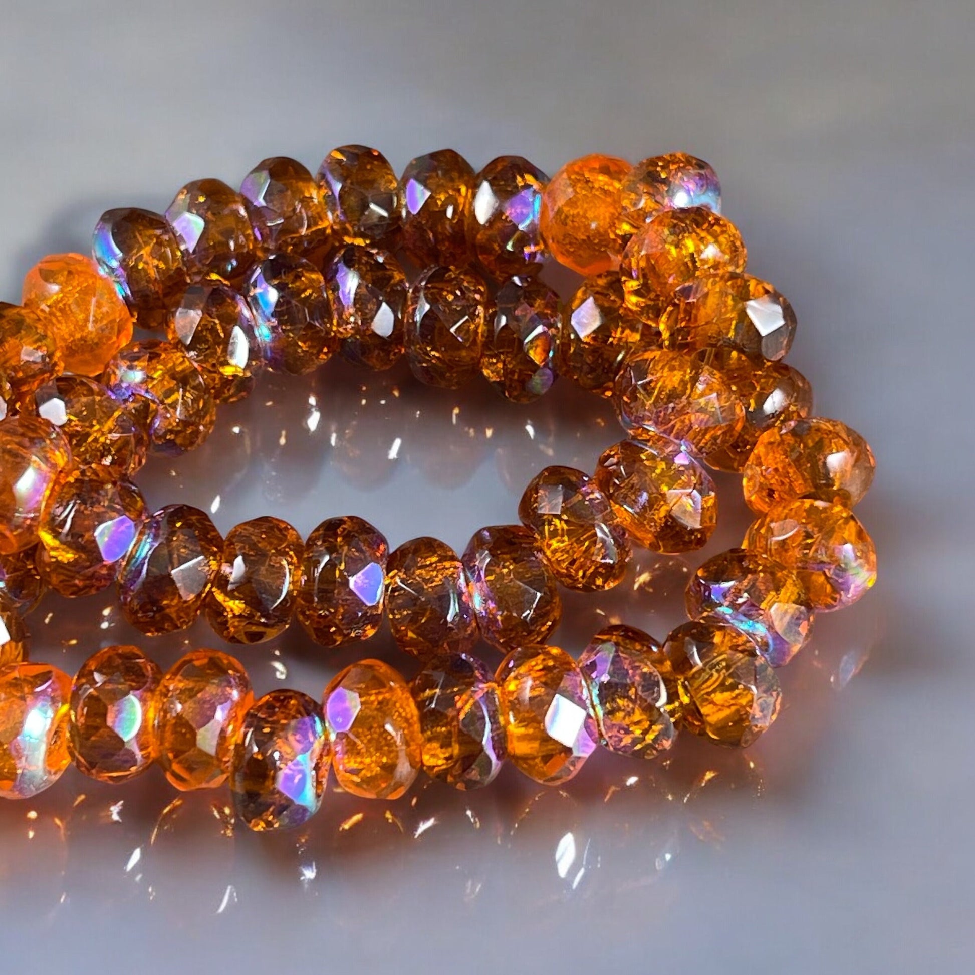 Orange Large Hole Rondelles, 9x6mm Roller Beads with 3.5mm hole, Transparent Orange Glass with AB Finish (ROL/N-1451) * Qty. 15