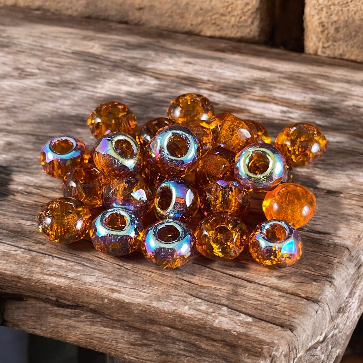 Orange Large Hole Rondelles, 9x6mm Roller Beads with 3.5mm hole, Transparent Orange Glass with AB Finish (ROL/N-1451) * Qty. 15