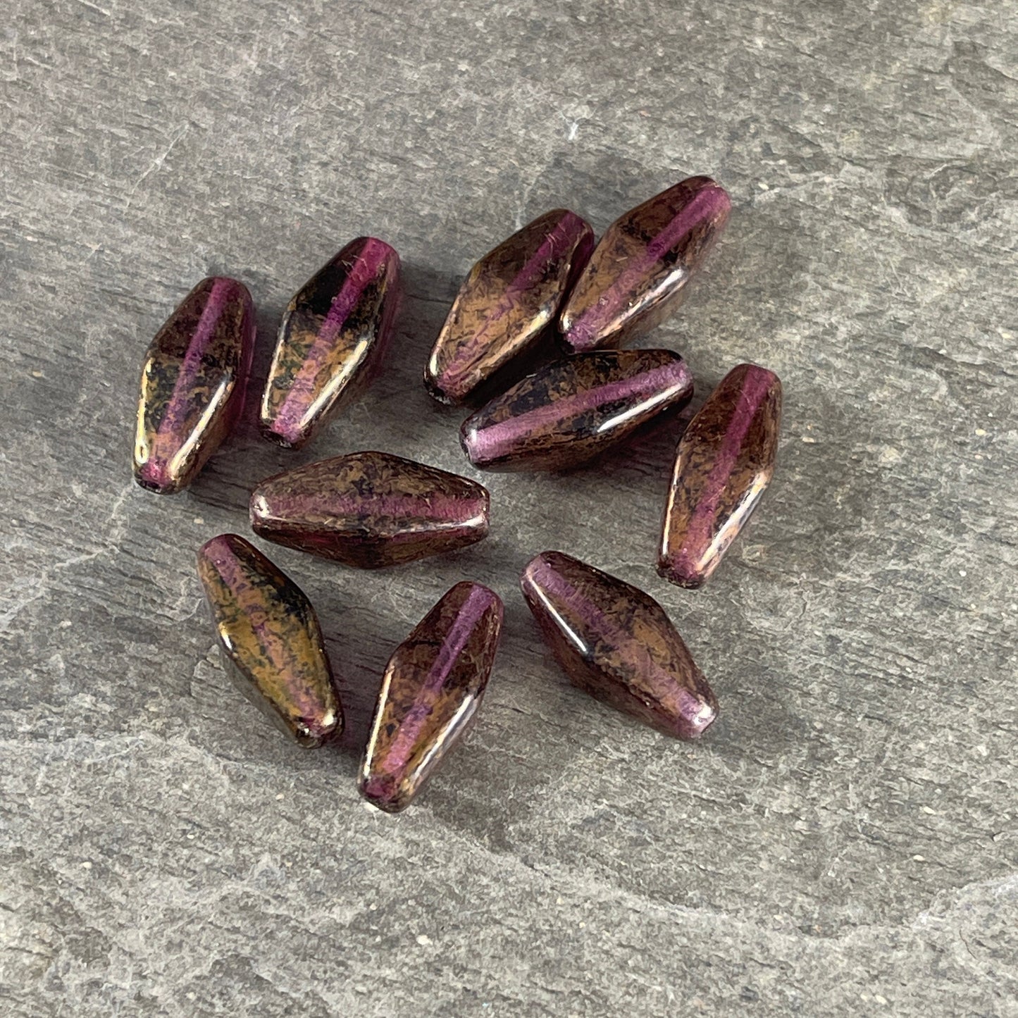 14x7mm Rhombus Beads, Czech Glass Beads, Dark Amethyst with Marbled Bronze Luster (RHO/0727) * Qty. 10 Beads