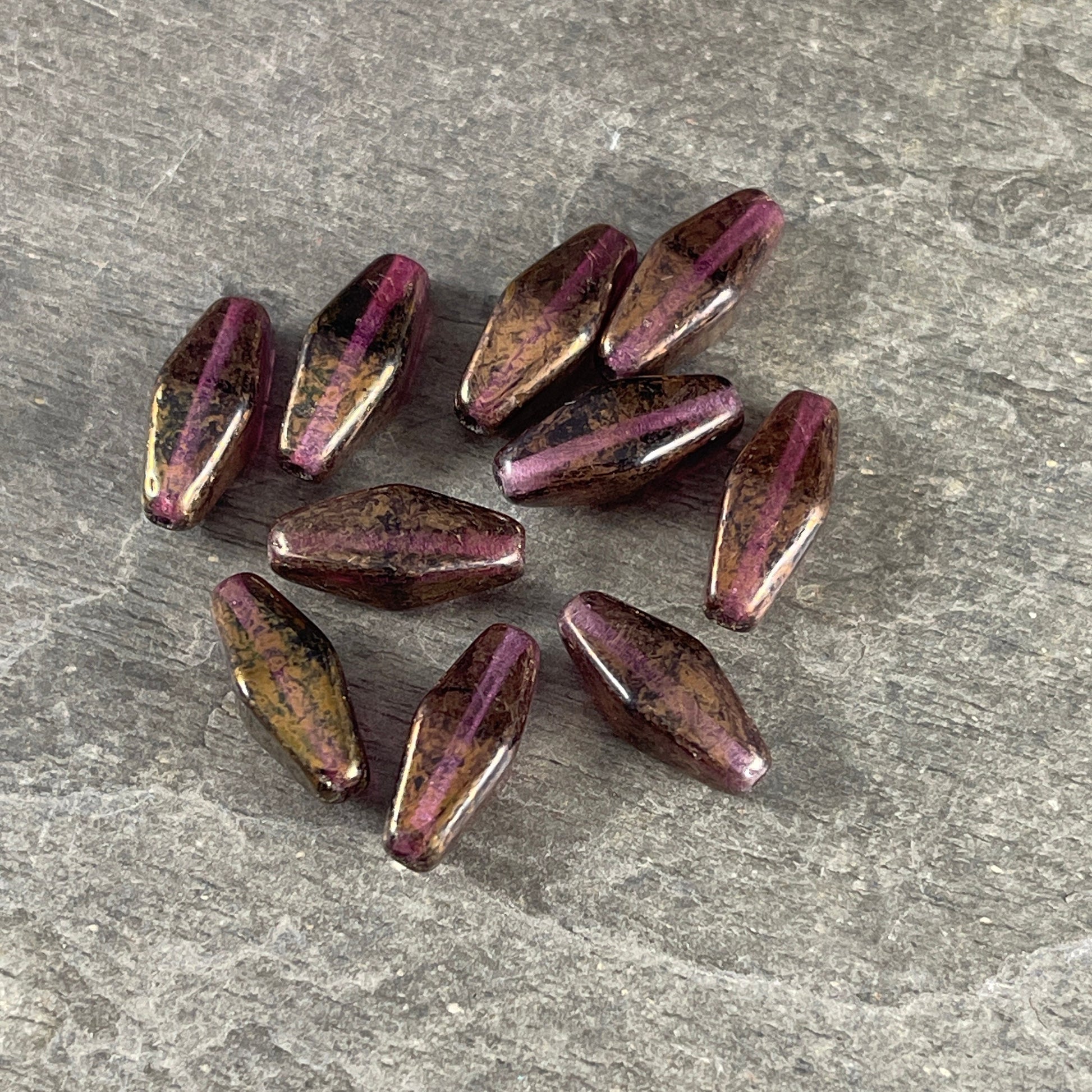 14x7mm Rhombus Beads, Czech Glass Beads, Dark Amethyst with Marbled Bronze Luster (RHO/0727) * Qty. 10 Beads