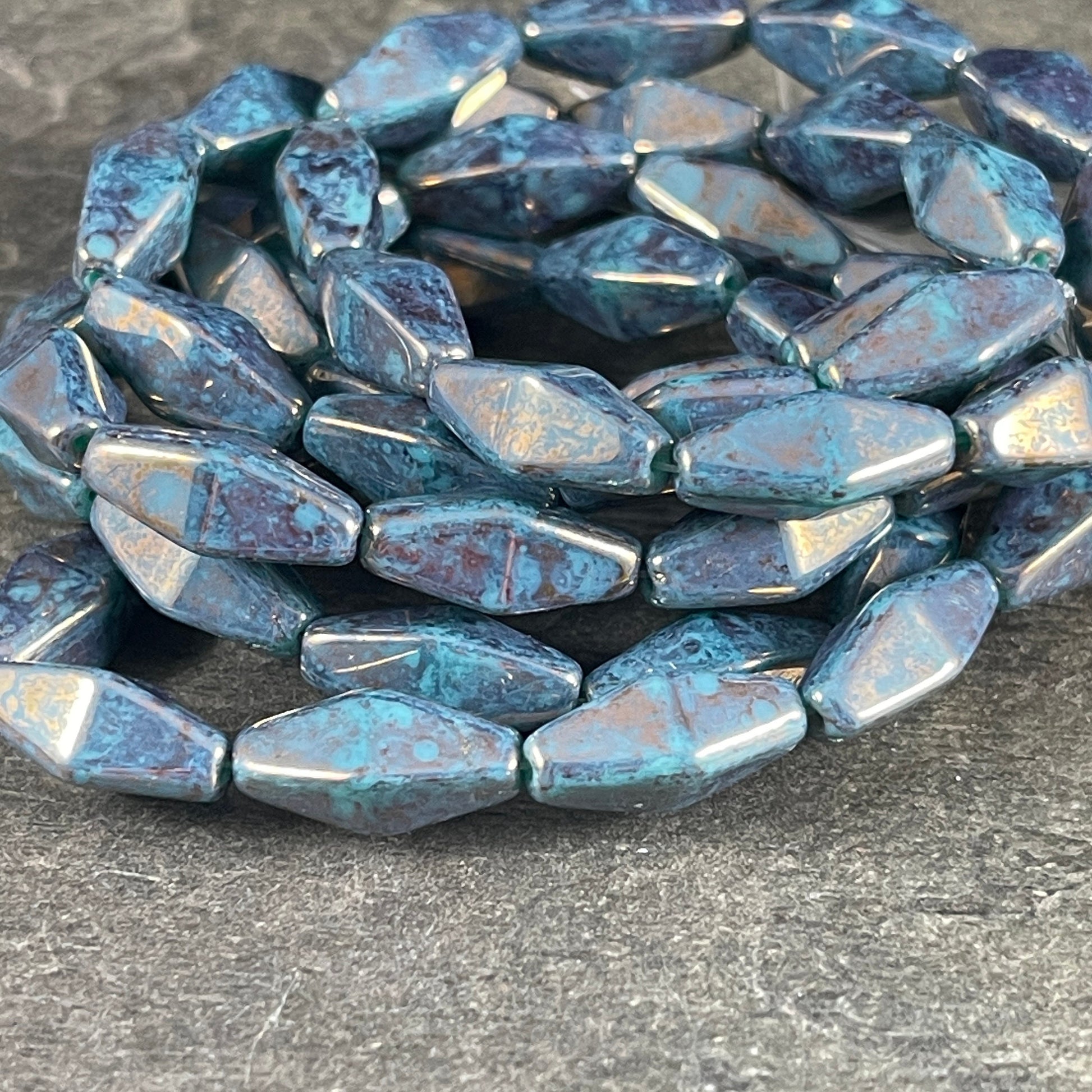 14x7mm Rhombus Beads, Czech Glass Beads, Turquoise with Marbled Bronze Luster (RHO/0726) * Qty. 10 Beads