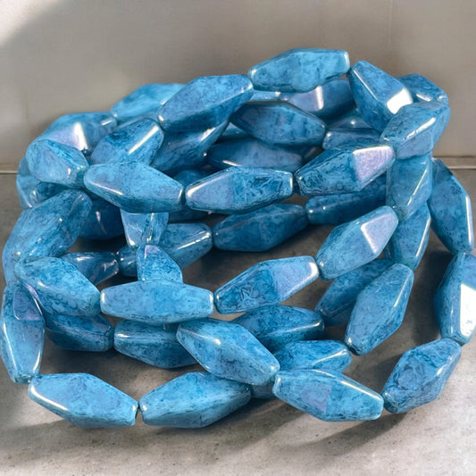 14x7mm Rhombus Beads, Czech Glass Beads, Light Blue with Marbled Blue Picasso (RHO/0712) * Qty. 10 Beads