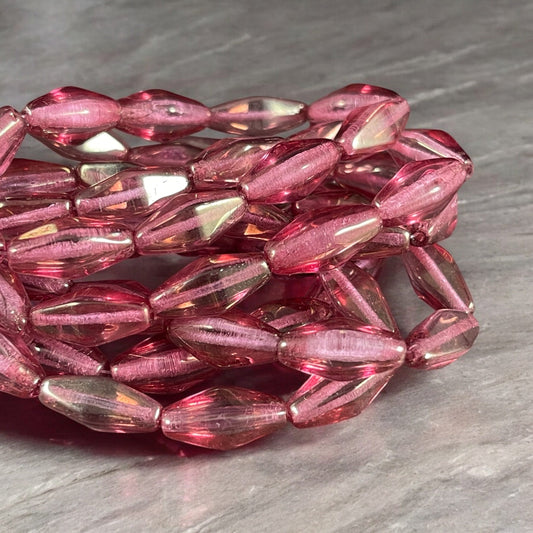 14x7mm Rhombus Beads, Czech Glass Beads, Transparent Rose Pink with Gold Luster (RHO/0758) * Qty. 10 Beads