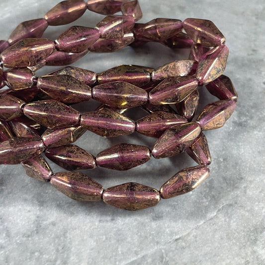 14x7mm Rhombus Beads, Czech Glass Beads, Dark Amethyst with Marbled Bronze Luster (RHO/0727) * Qty. 10 Beads