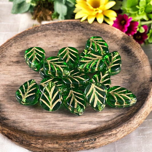 Emerald Green Leaf with Gold Wash, Mint Leaf Czech Glass Beads, 10x8mm Center Drilled, Transparent Green Leaf Bead (Mint24) * Qty. 16