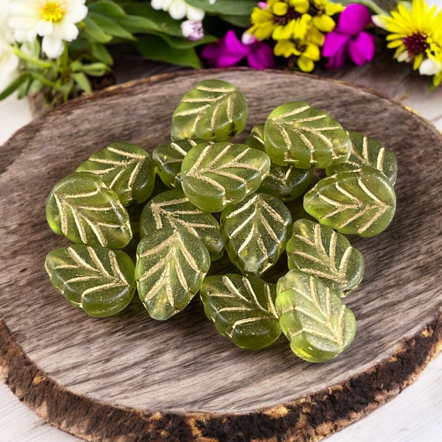 Matte Peridot Green Leaf with Gold Wash, Mint Leaf Czech Glass Beads, 10x8mm Center Drilled Green Leaf Bead (Mint21) * Qty. 16