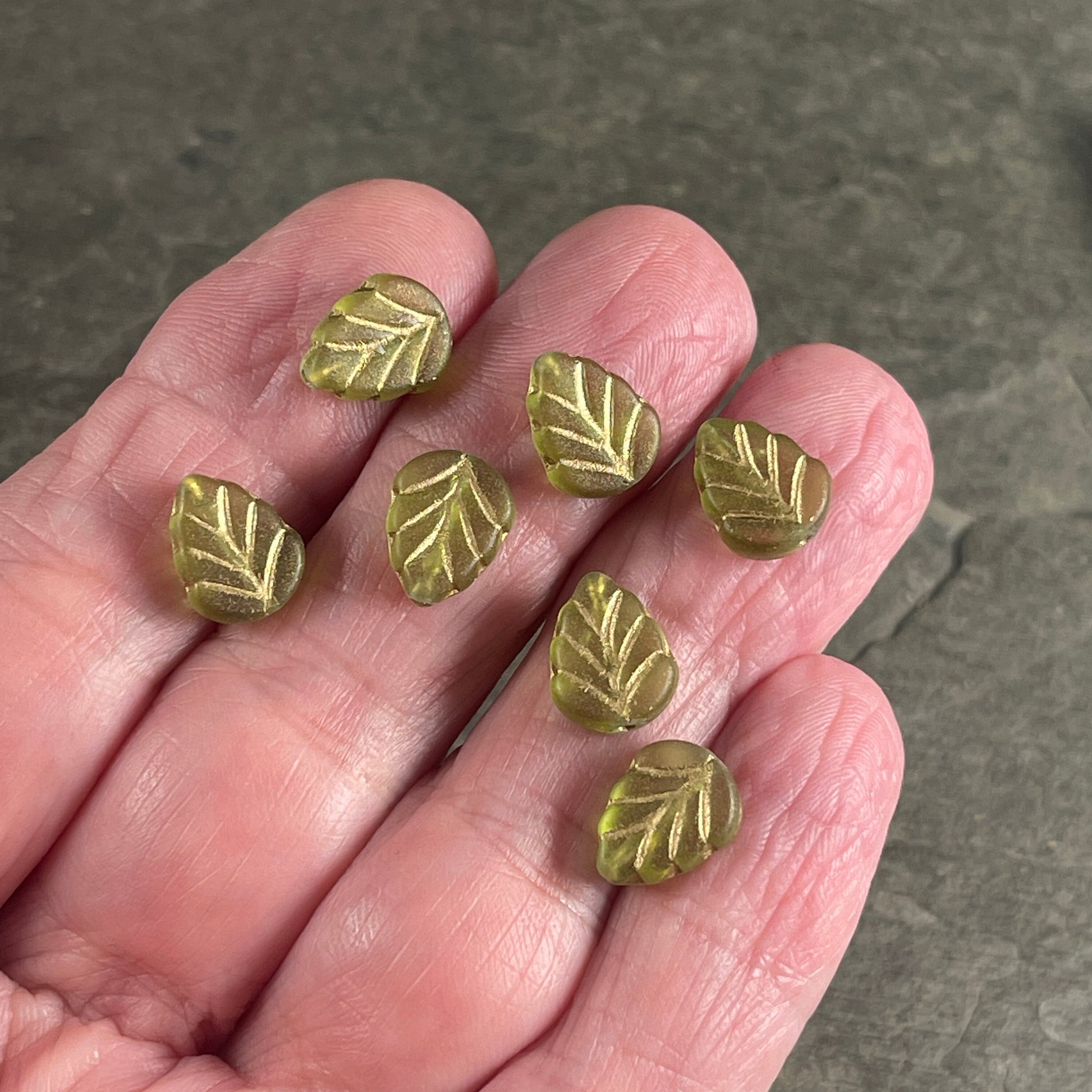 Matte Peridot Green Leaf with Gold Wash, Mint Leaf Czech Glass Beads, 10x8mm Center Drilled Green Leaf Bead (Mint21) * Qty. 16