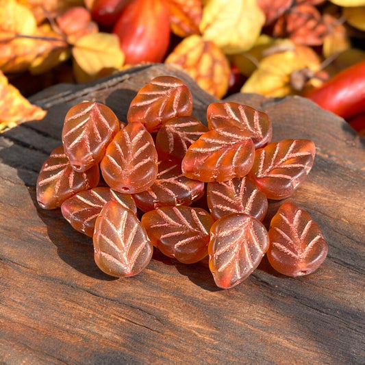 Matte Orange Glass Leaf with Copper Wash, Mint Leaf Czech Glass Beads, 10x8mm Center Drilled Orange Leaf Bead (Mint22) * Qty. 16