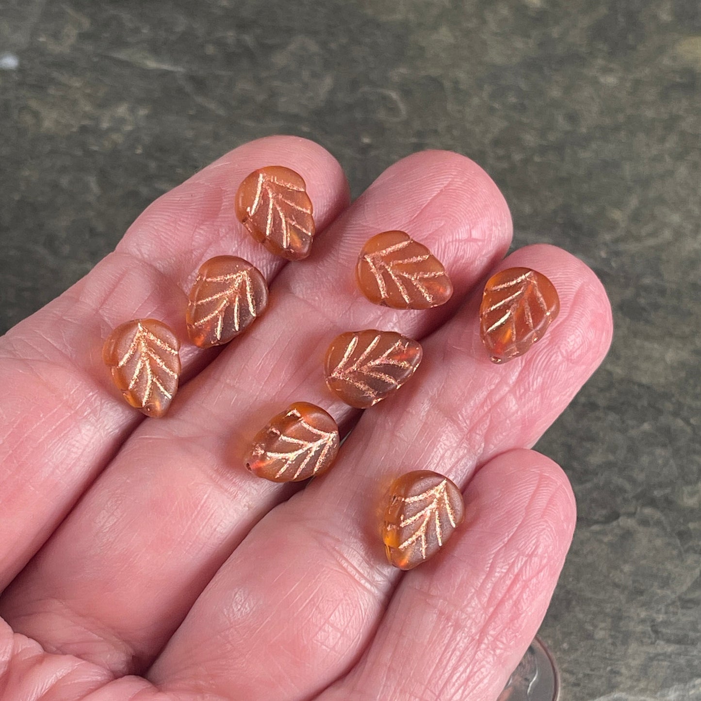 Matte Orange Glass Leaf with Copper Wash, Mint Leaf Czech Glass Beads, 10x8mm Center Drilled Orange Leaf Bead (Mint22) * Qty. 16