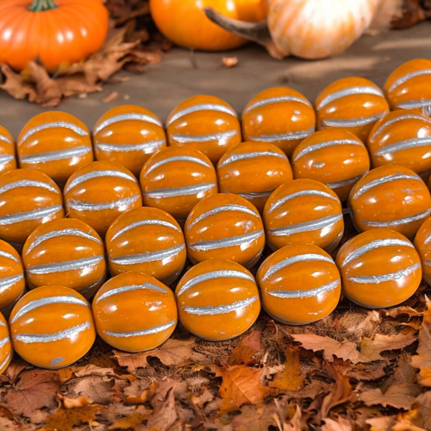 8mm Czech Glass Beads, Opaque Classic Orange with Silver Wash Glass Beads, Melon Beads (ML8/76) * Qty. 15