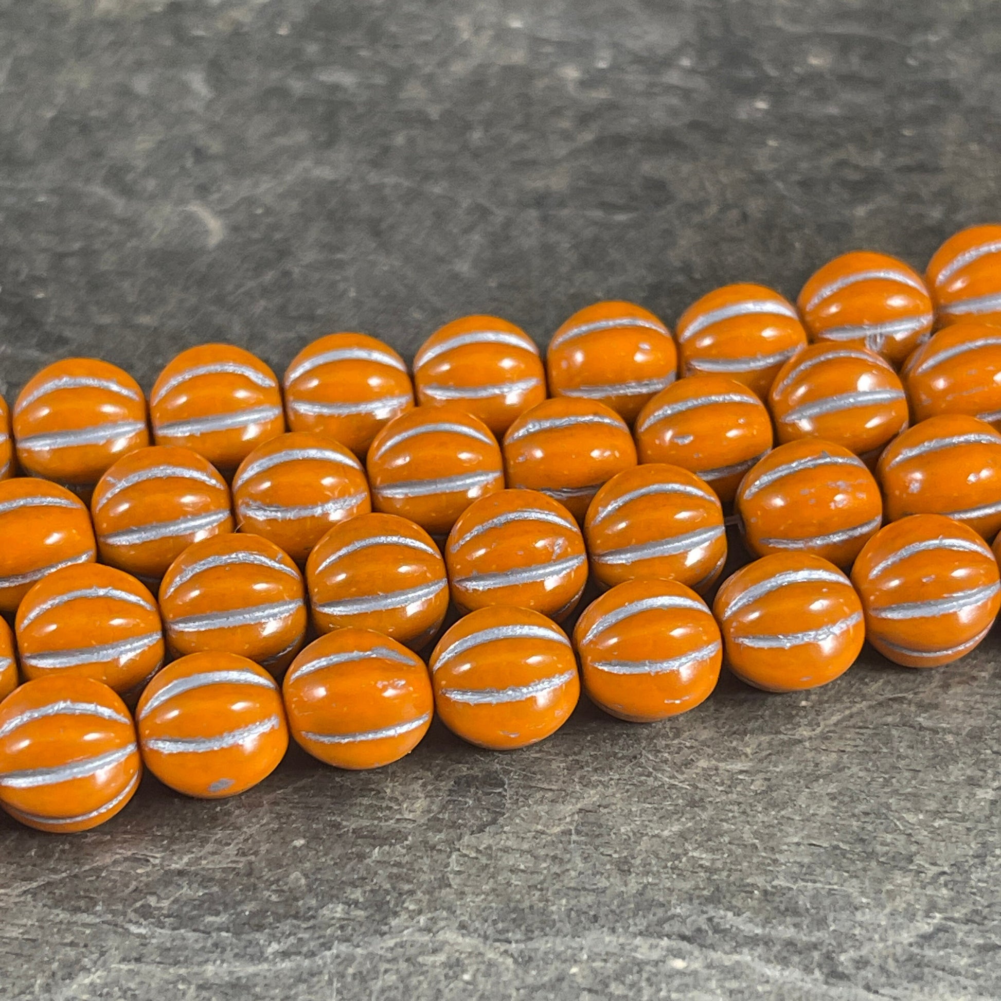 8mm Czech Glass Beads, Opaque Classic Orange with Silver Wash Glass Beads, Melon Beads (ML8/76) * Qty. 15