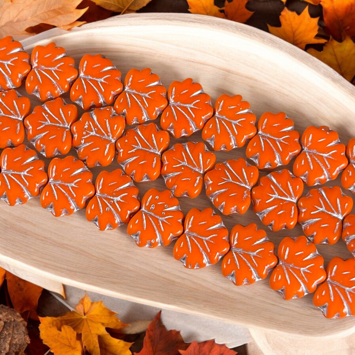 Czech Glass Beads - 11x13mm Maple Leaf Beads, Orange and Silver Leaf Beads (ML58) * Qty. 12