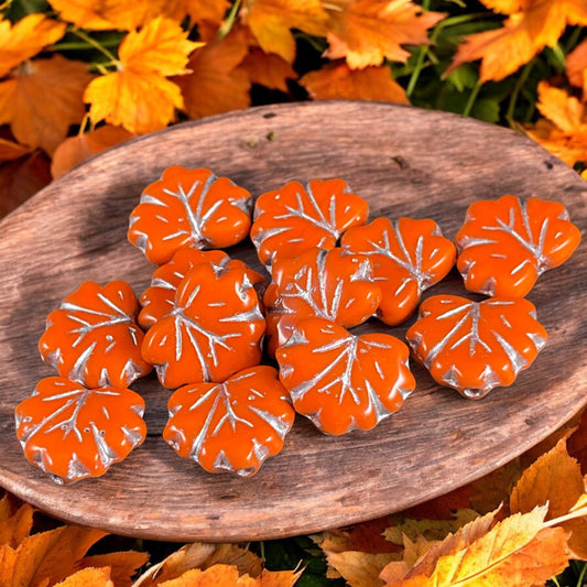 Opaque Orange Maple Leaf Beads, 11x13mm Orange and Silver Leaf Beads, Czech Glass Beads (ML58) * Qty. 12