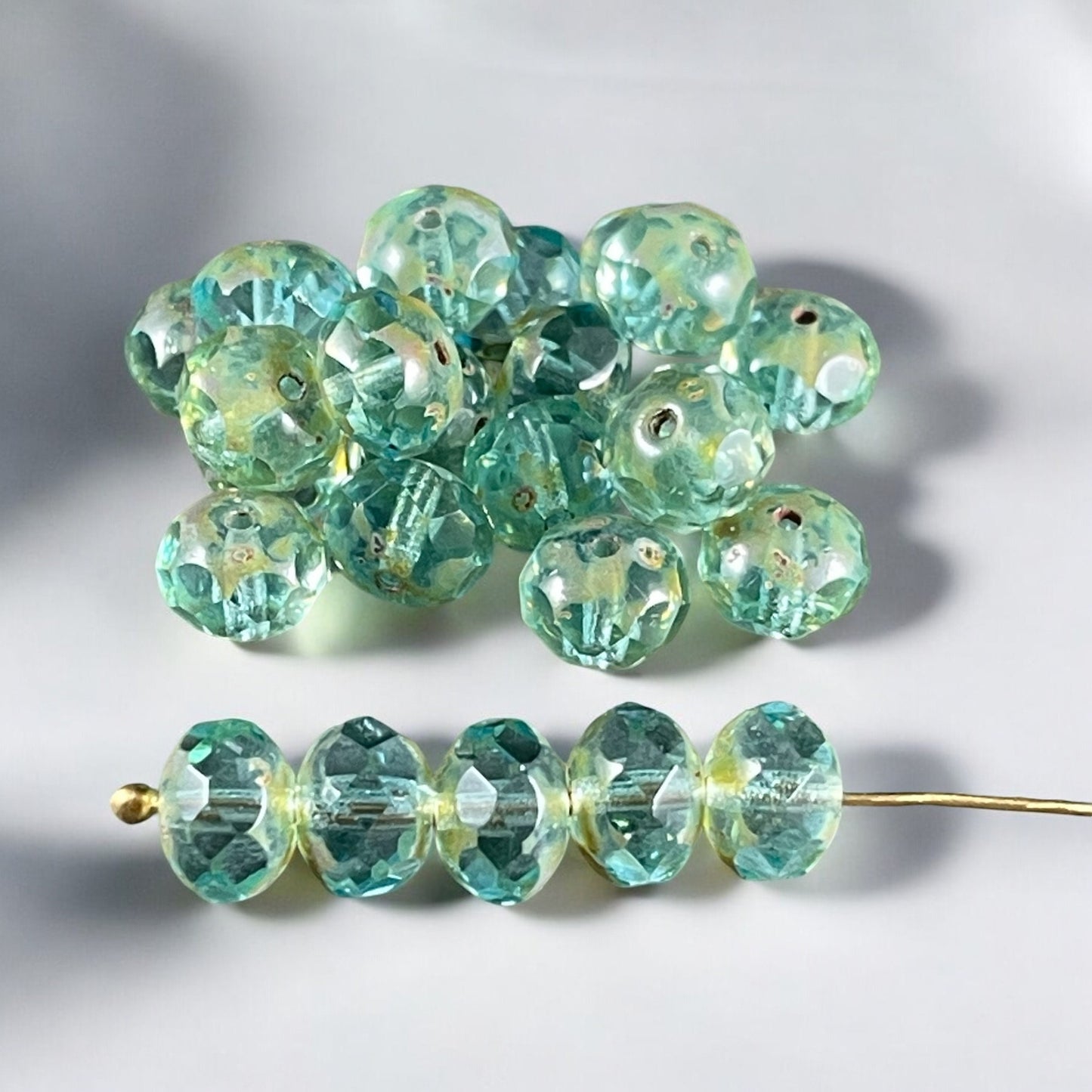 Aqua Picasso Czech Glass Beads, 8x6mm Faceted Rondelle, Transparent Aqua Blue (R8/N-0597) * Qty. 25