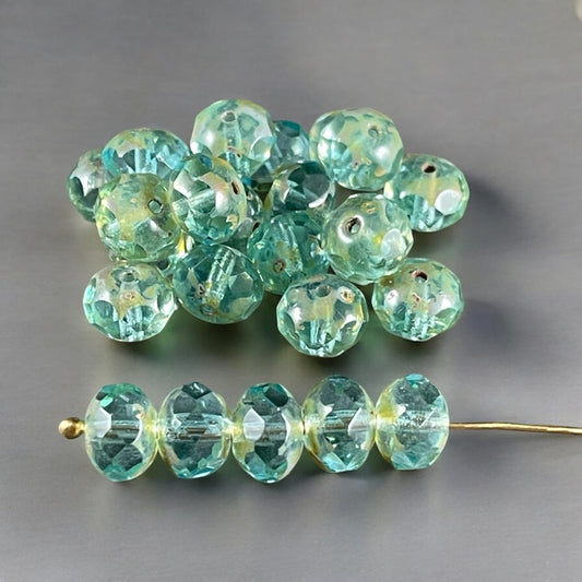 Czech Beads, 8x6mm Faceted Rondelle, Transparent Aqua Blue with Picasso (R8/N-0597) * 25 Beads