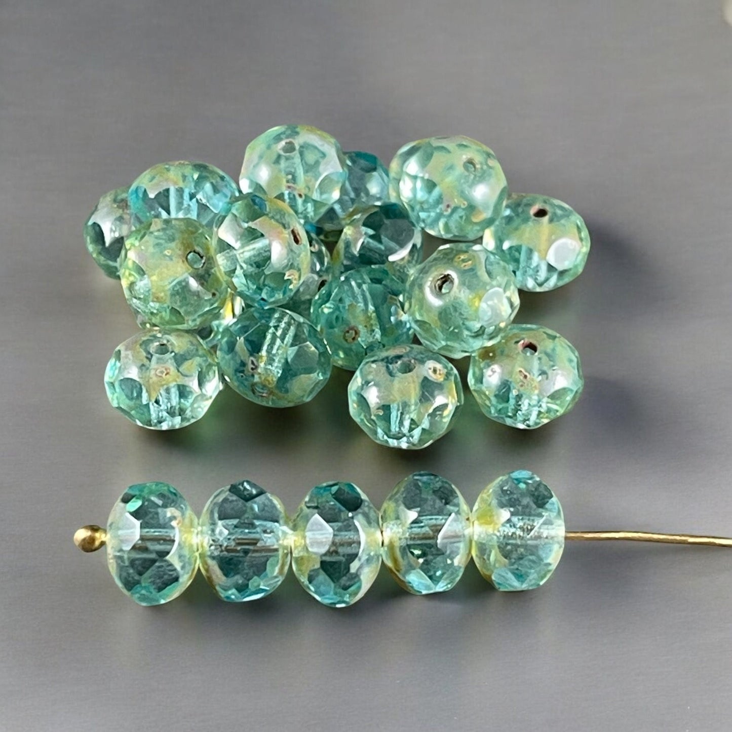 Czech Beads, 8x6mm Faceted Rondelle, Transparent Aqua Blue with Picasso (R8/N-0597) * 25 Beads