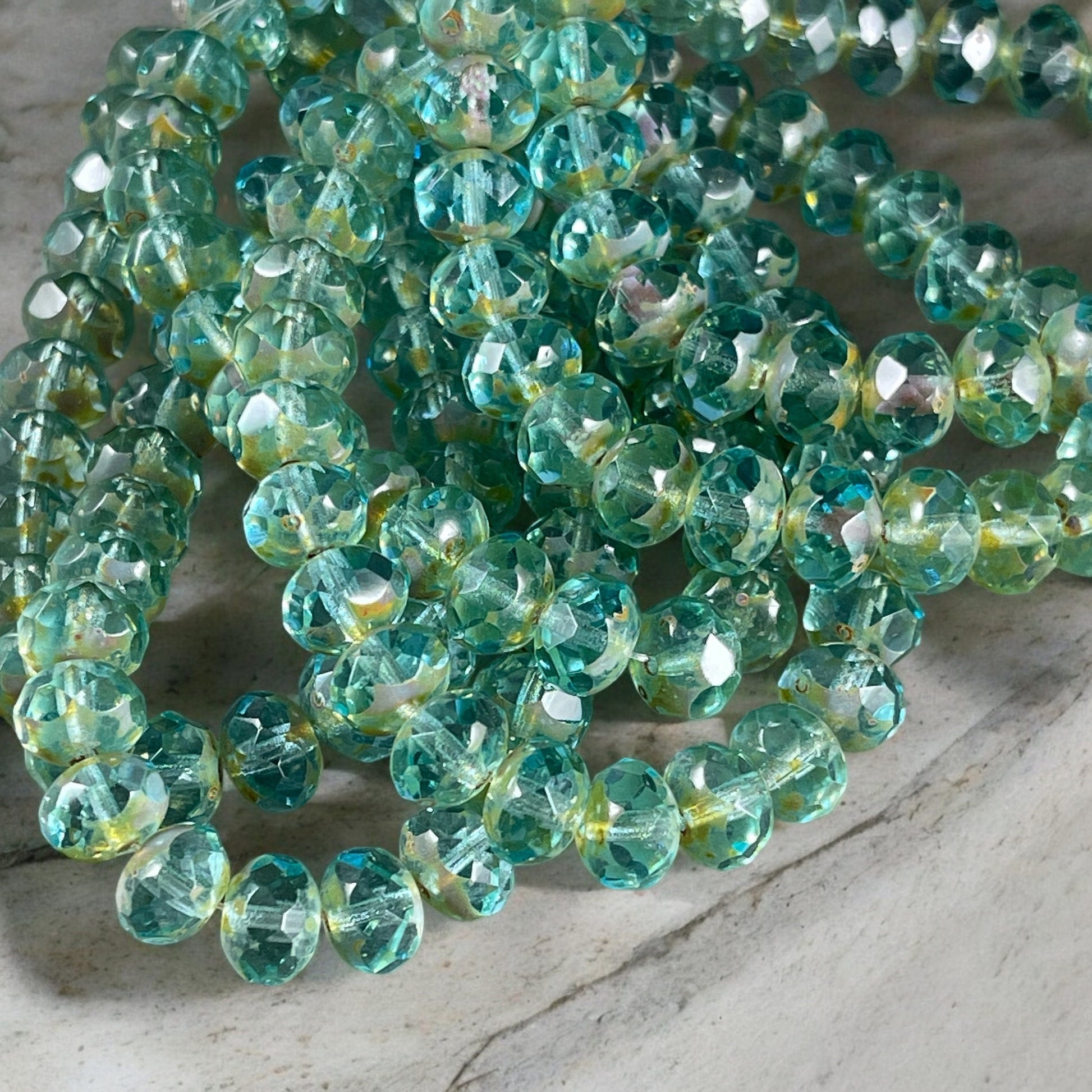 Aqua Picasso Czech Glass Beads, 8x6mm Faceted Rondelle, Transparent Aqua Blue (R8/N-0597) * Qty. 25