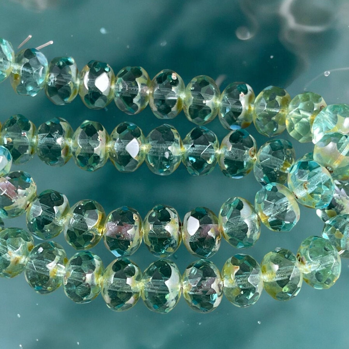 Czech Beads, 8x6mm Faceted Rondelle, Transparent Aqua Blue with Picasso (R8/N-0597) * 25 Beads