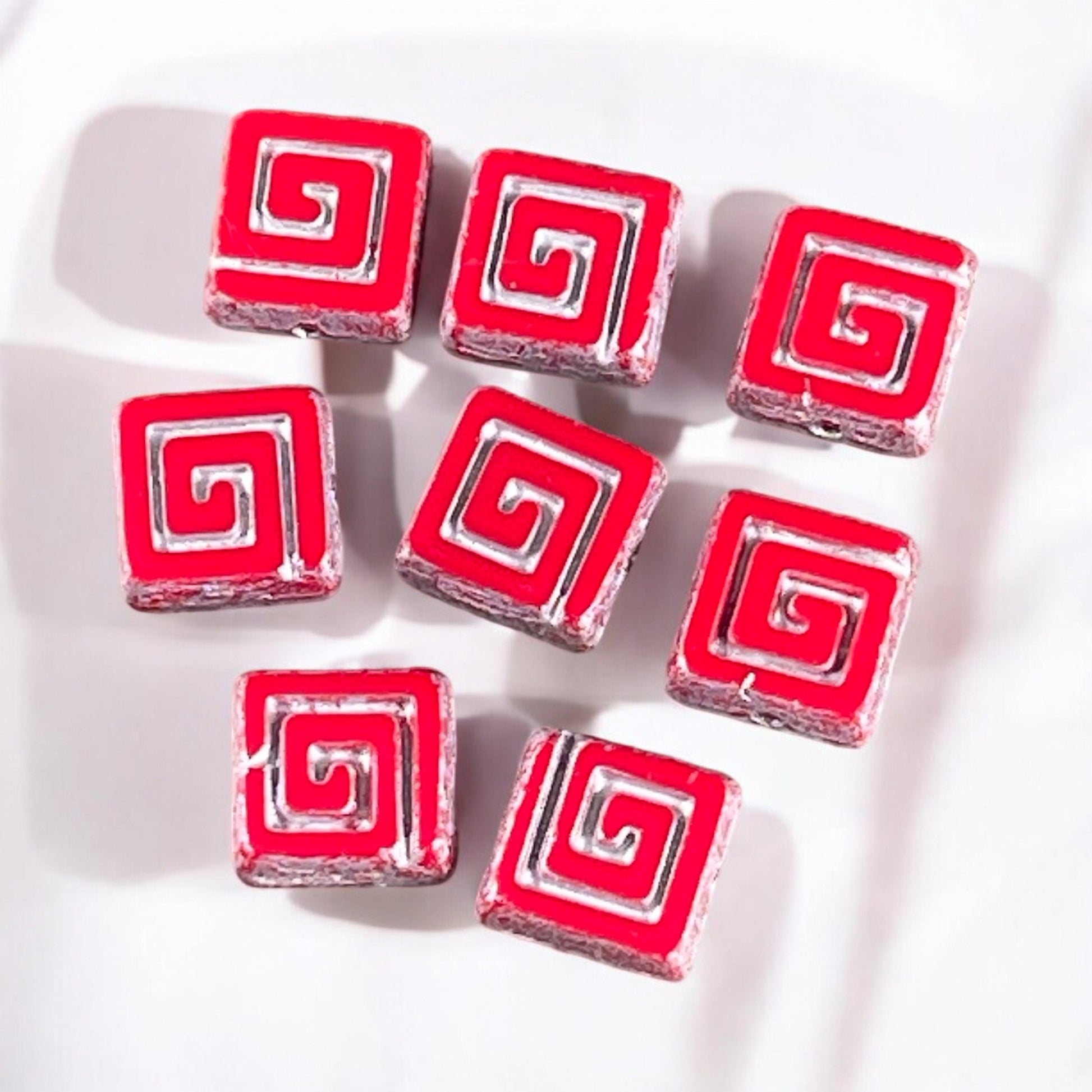 Red Table Cut Picasso Bead, Czech Glass Beads, Opaque Red and Silver 9mm Square Glass Bead (CSq2) * Qty. 8