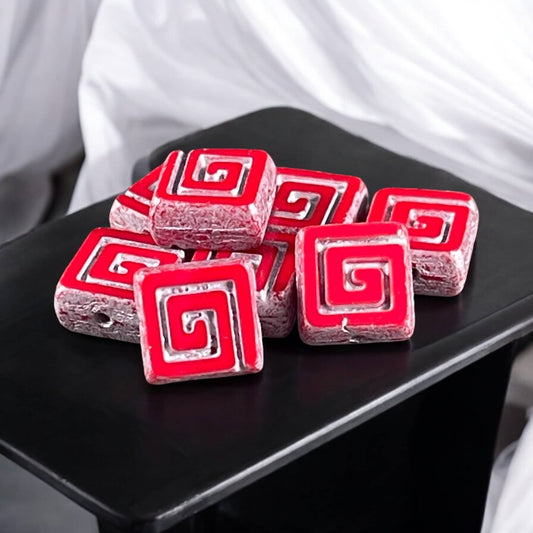 Czech Glass Beads - 9mm Table Cut Bead, Opaque Red and Silver (CSq2) * Qty. 8