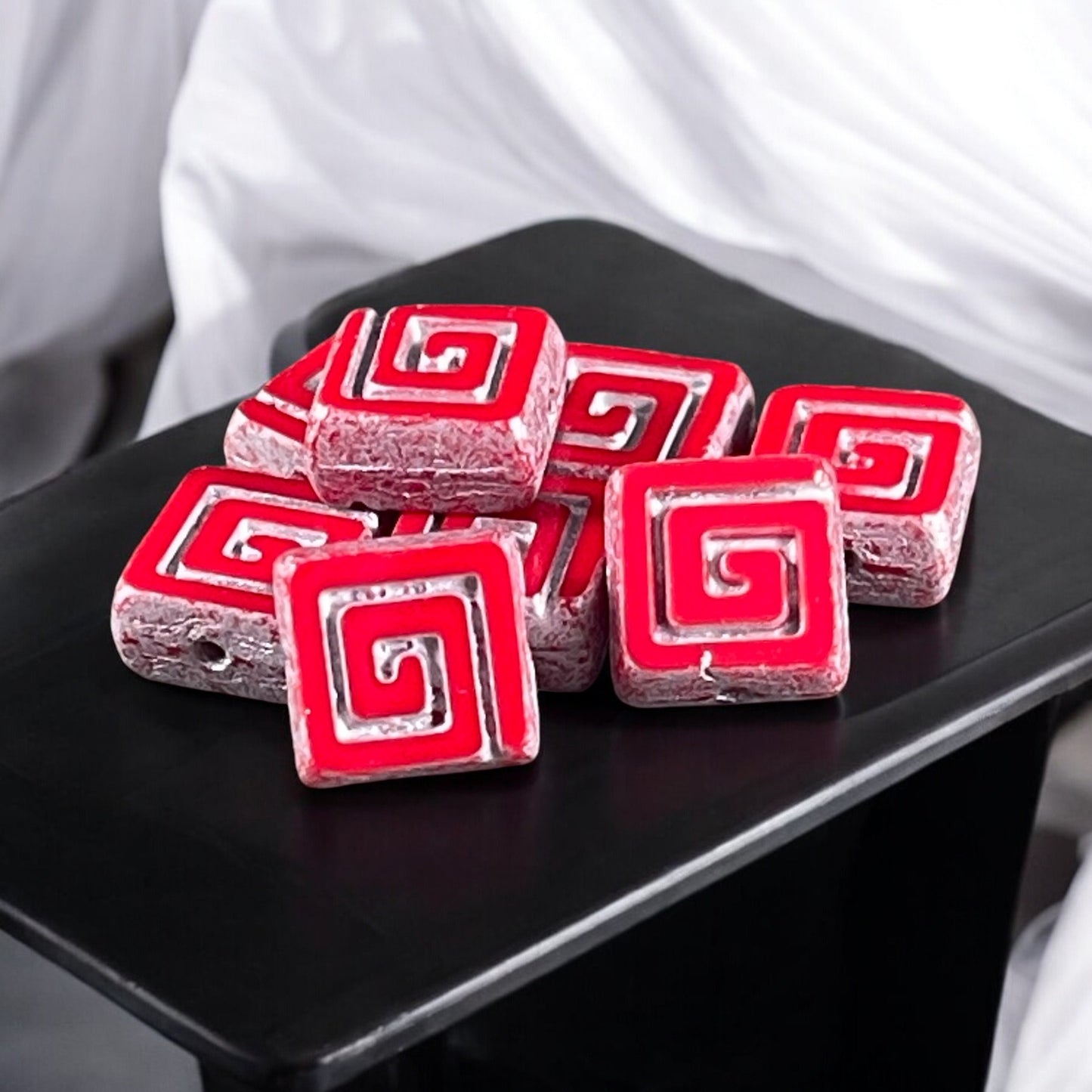 Czech Glass Beads - 9mm Table Cut Bead, Opaque Red and Silver (CSq2) * Qty. 8