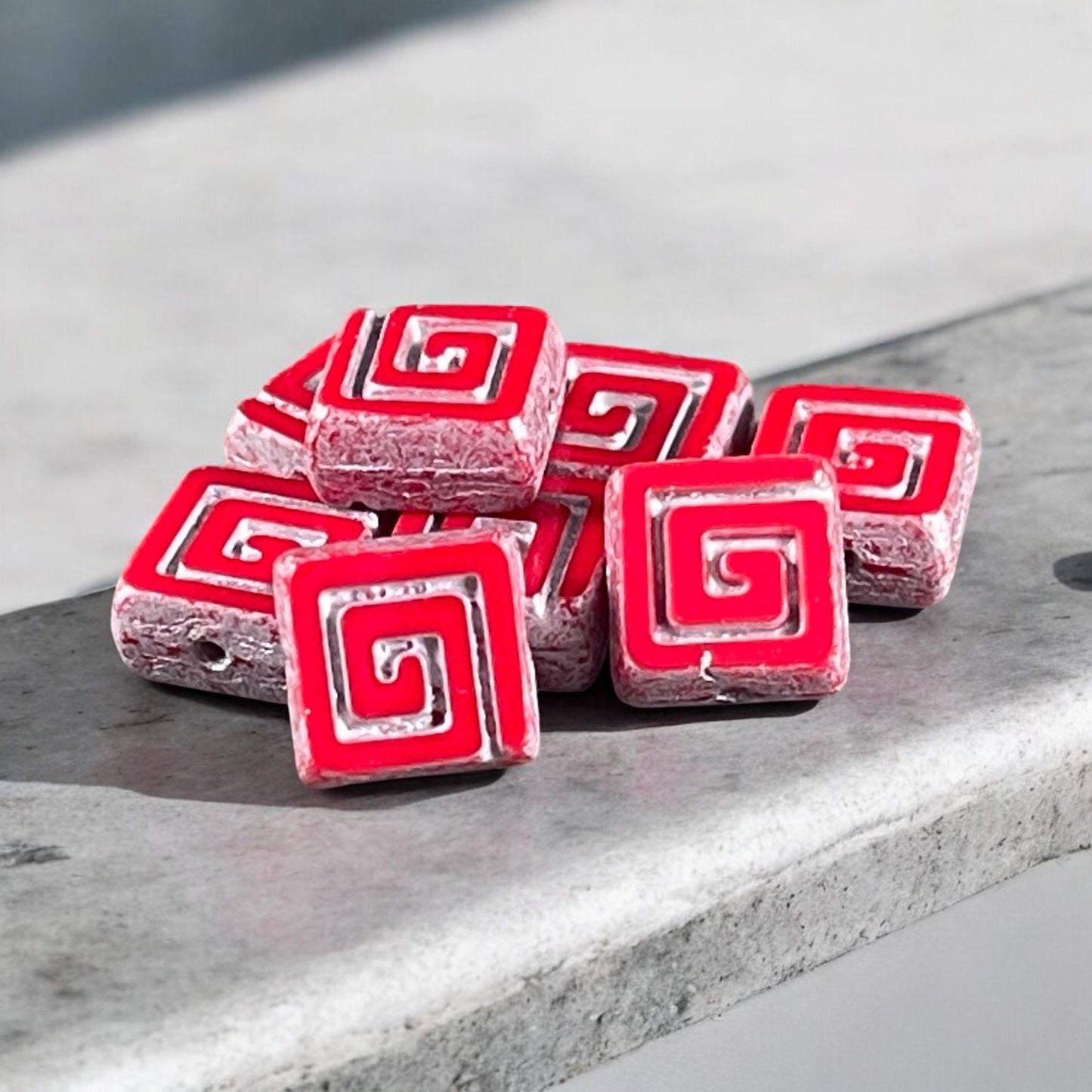 Red Table Cut Picasso Bead, Czech Glass Beads, Opaque Red and Silver 9mm Square Glass Bead (CSq2) * Qty. 8