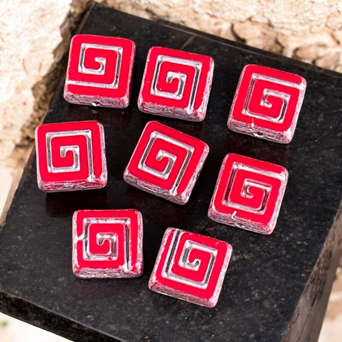 Red Table Cut Picasso Bead, Czech Glass Beads, Opaque Red and Silver 9mm Square Glass Bead (CSq2) * Qty. 8