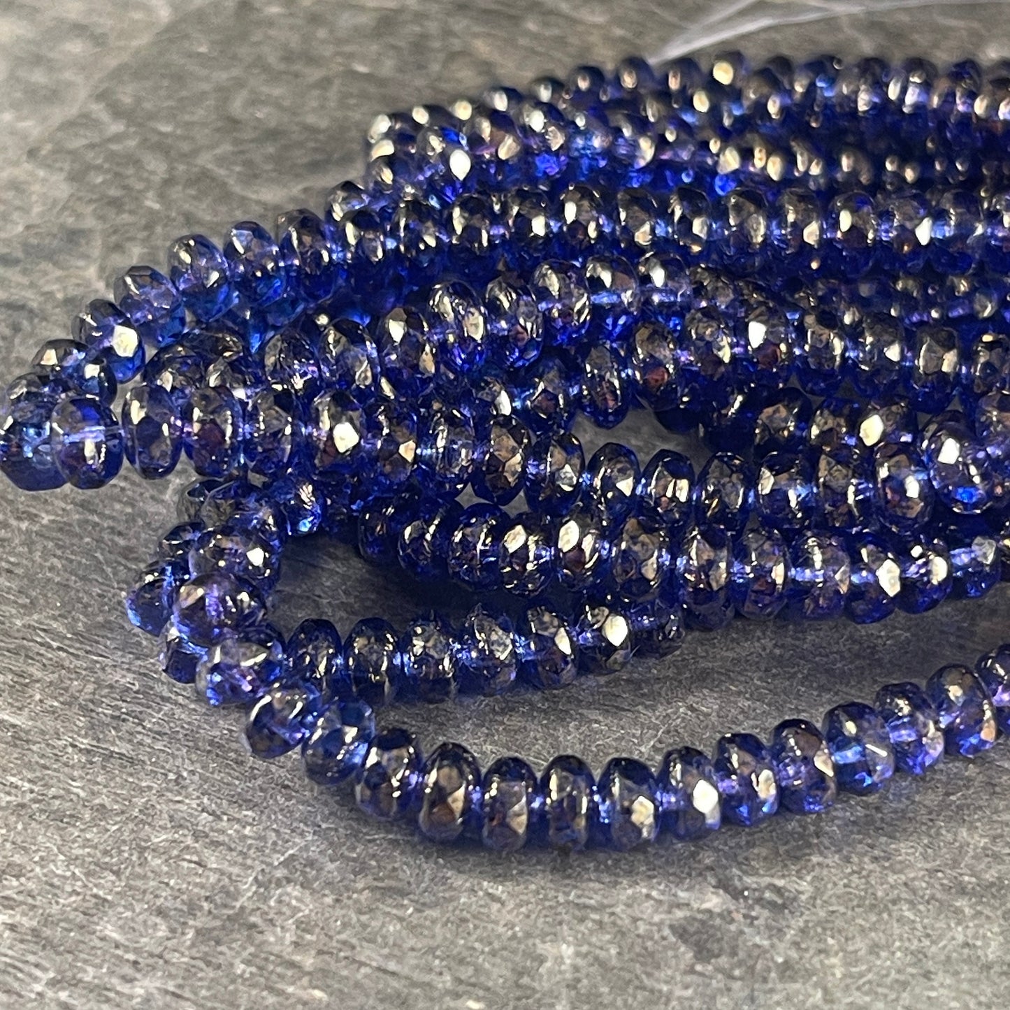 Indigo Czech Glass Rondelles, Faceted 4x2.5mm Transparent Purplish Blue with Golden Luster Finish (RON3/N-1294) * Qty. 50