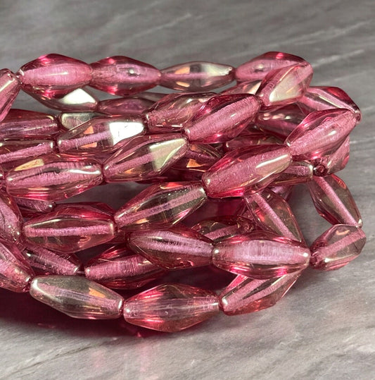 14x7mm Rhombus Beads, Czech Glass Beads, Transparent Rose Pink with Gold Luster (RHO/0758) * Qty. 10 Beads