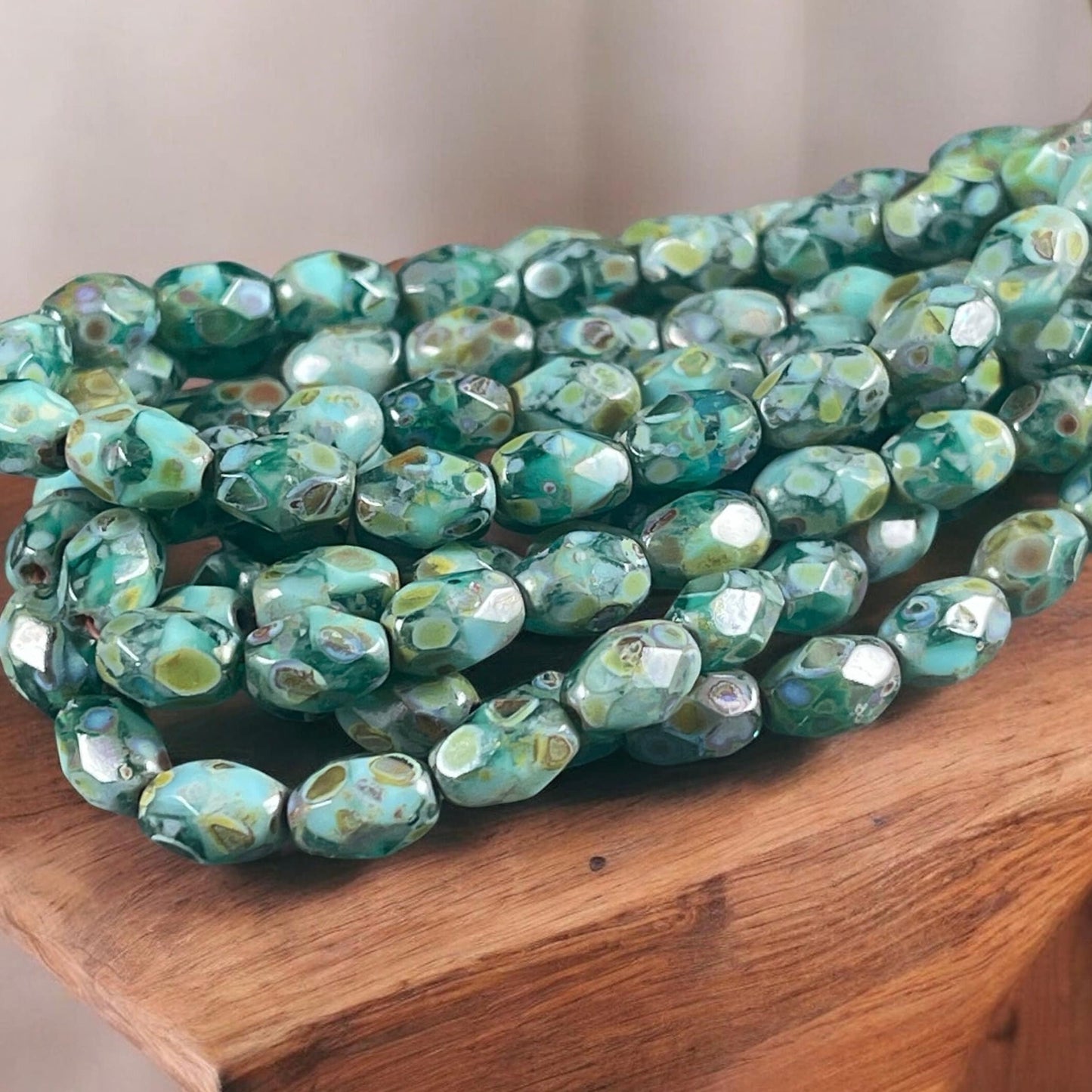 Czech Glass - 7x5mm Faceted Oval, Turquoise, Capri Blue and Emerald Green with Picasso Finish (FOV/N-0601) * Qty. 20