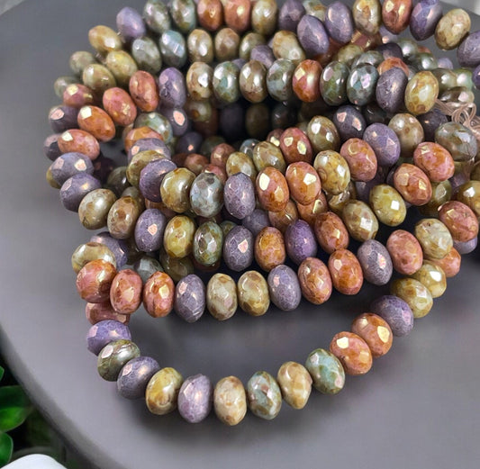 Czech Glass Beads - Multi-Colored 5x3mm Faceted Rondelles, Purple, Sage Green, Rose Gold, Slate Blue Bead Assortment (R5/N-0996) * Qty 30