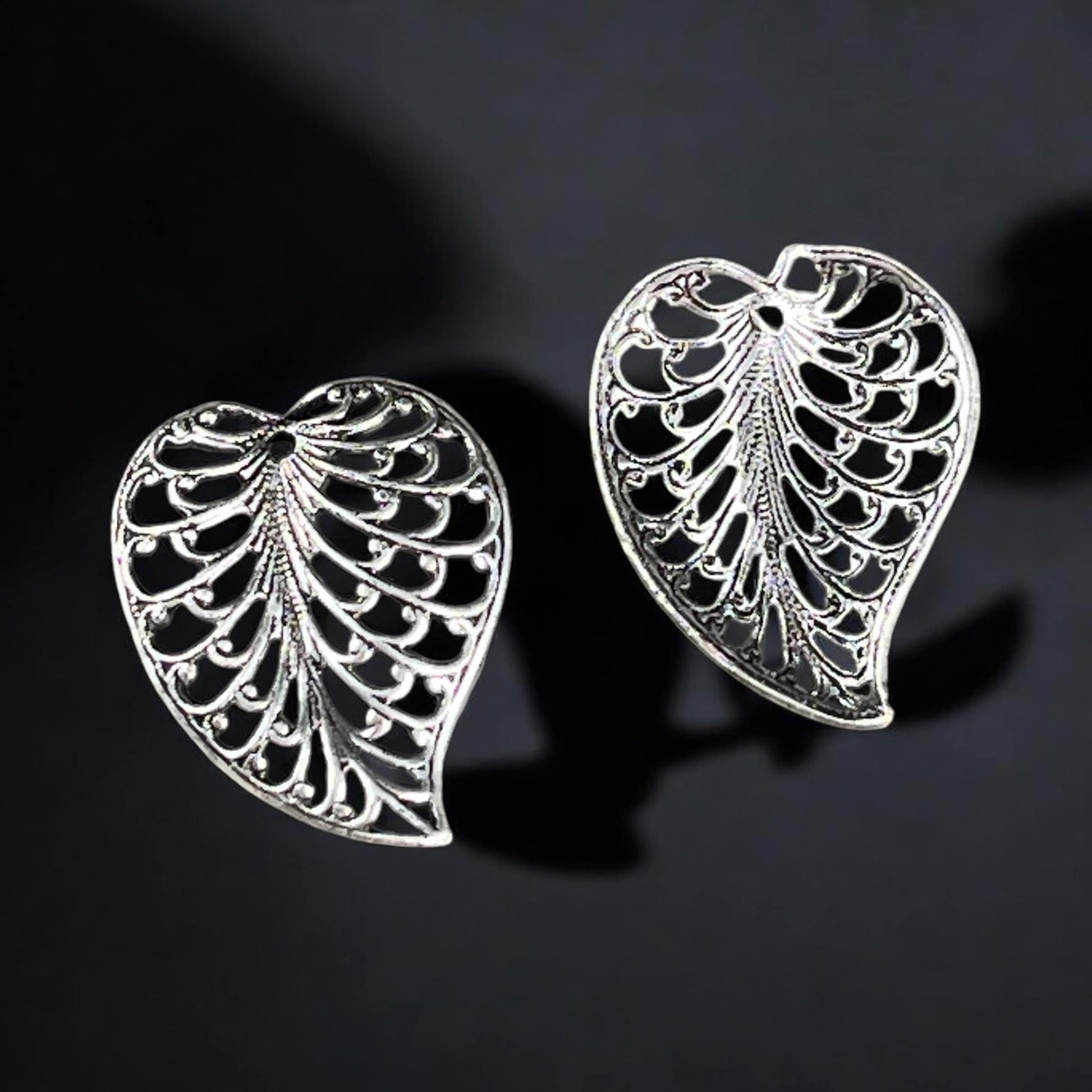 Oxidized Silver Filigree Leaf, 19x15mm Open Stamping Charms for Earrings, Delicate Heart Shaped Leaf Charms (VJS/X354a) * Qty. 2