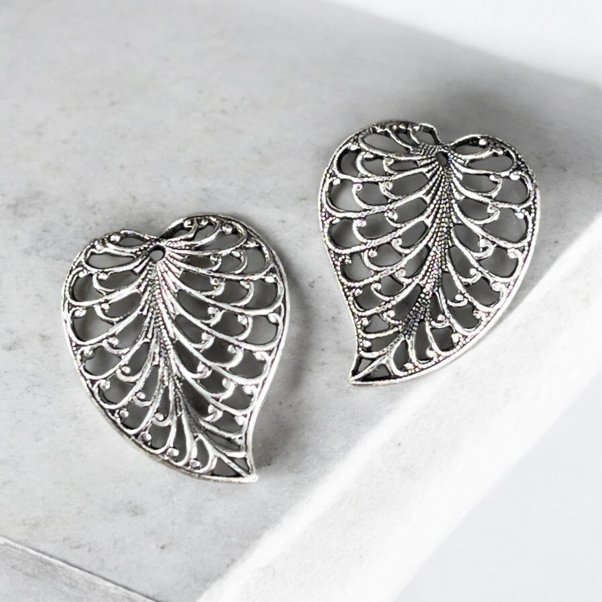 Oxidized Silver Filigree Leaf, 19x15mm Open Stamping Charms for Earrings, Delicate Heart Shaped Leaf Charms (VJS/X354a) * Qty. 2