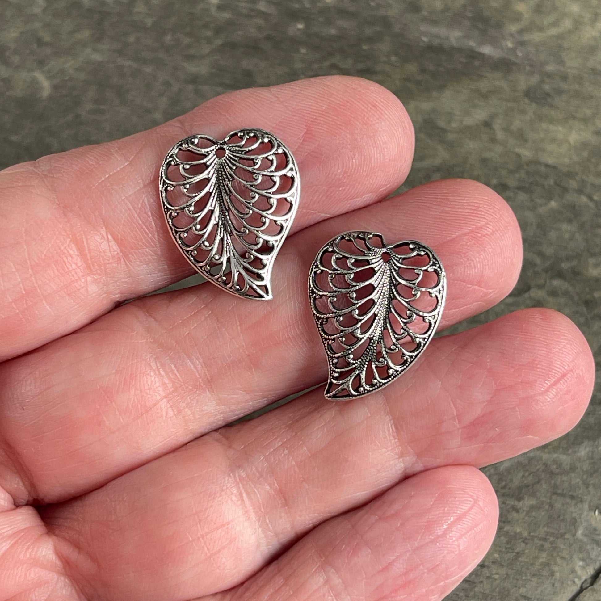 Oxidized Silver Filigree Leaf, 19x15mm Open Stamping Charms for Earrings, Delicate Heart Shaped Leaf Charms (VJS/X354a) * Qty. 2