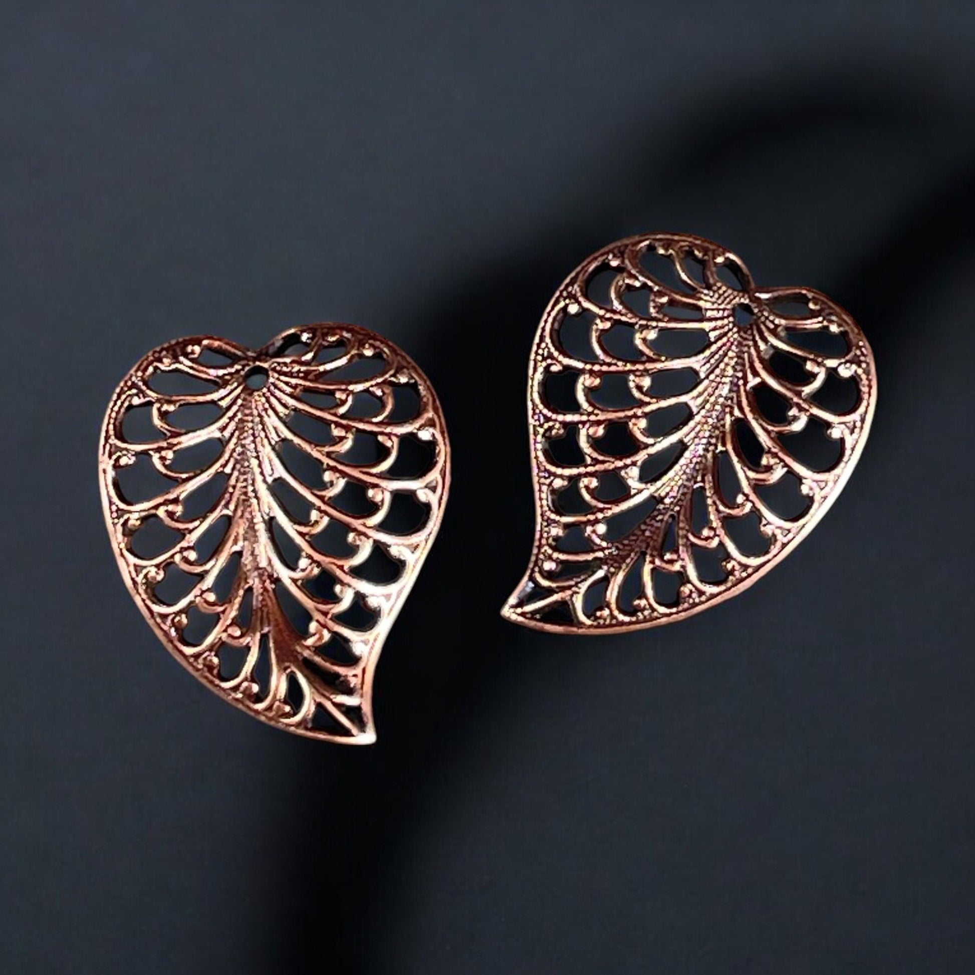 Antiqued Copper Filigree Leaf, 19x15mm Open Stamping Charms for Earrings, Delicate Heart Shaped Leaf Charms (VJS/359a) * Qty. 2