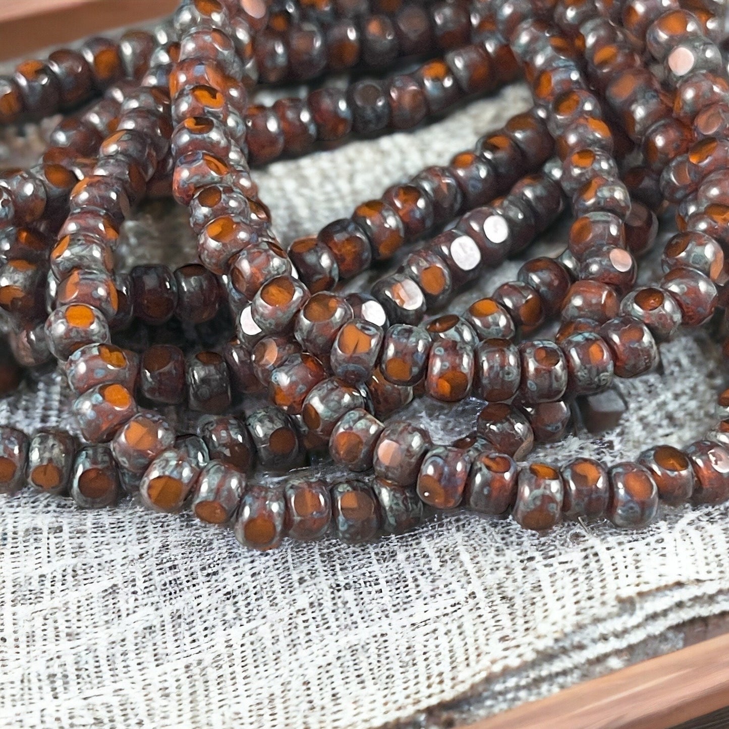 Czech Glass Beads - 4x3mm Trica Seed Beads, Rustic Orange Picasso (TRICA/N-1120) * Qty. 50