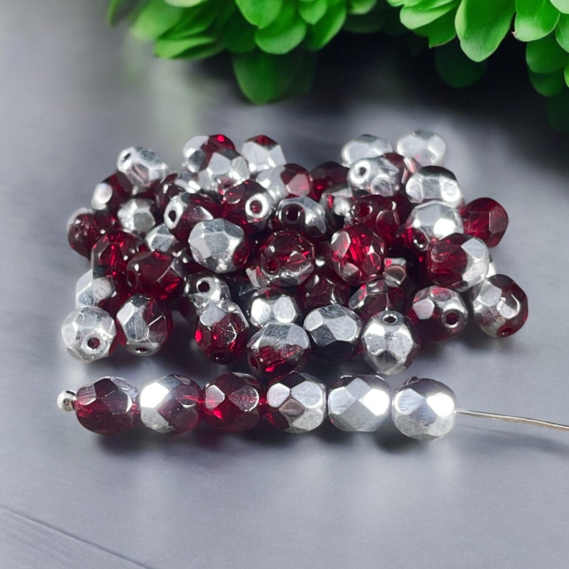 Czech Glass Beads - Transparent Ruby Red and Silver Half Tone, 6mm Faceted Round, Fire Polished Beads (FP6/9010-27001) * Qty 50