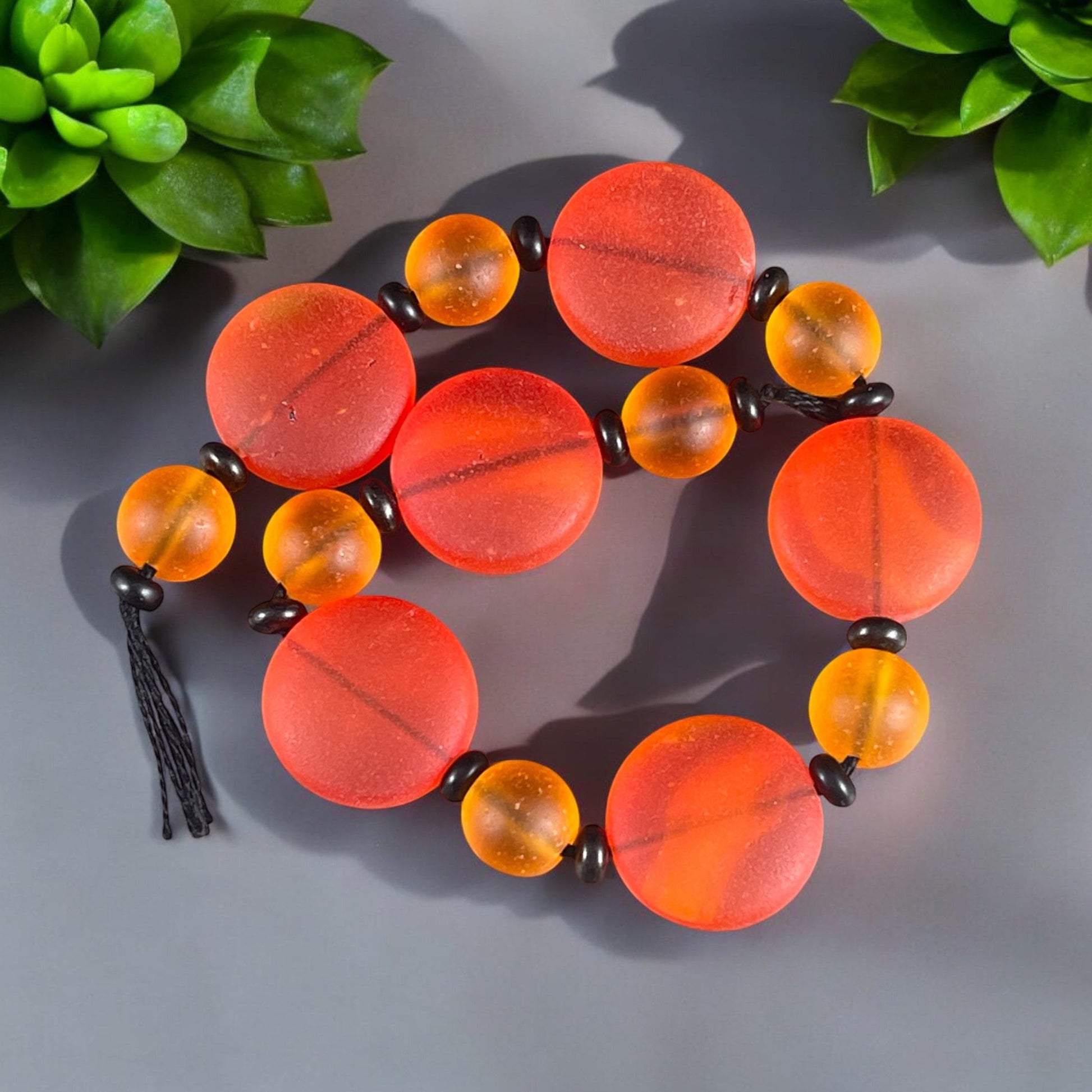 Orange Recycled Tumbled Glass, Matte Orange Glass with Black Spacers - Halloween Beads - 7 " Strand with 26 Beads