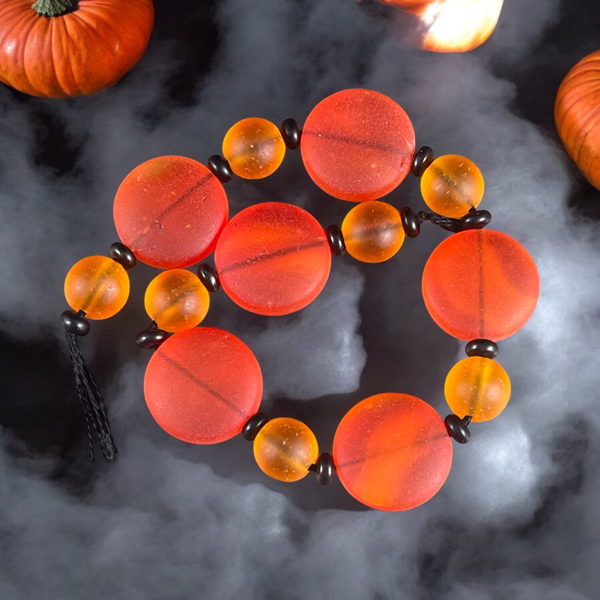 Orange Recycled Tumbled Glass, Matte Orange Glass with Black Spacers - Halloween Beads - 7 " Strand with 26 Beads