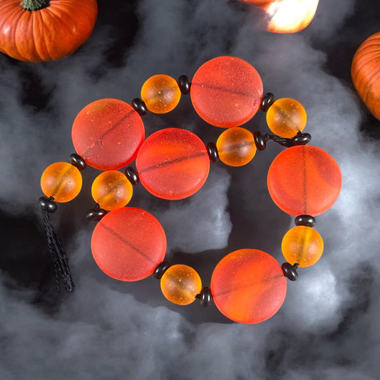 Orange Recycled Tumbled Glass, Matte Orange Glass with Black Spacers - Halloween Beads - 7 " Strand with 26 Beads