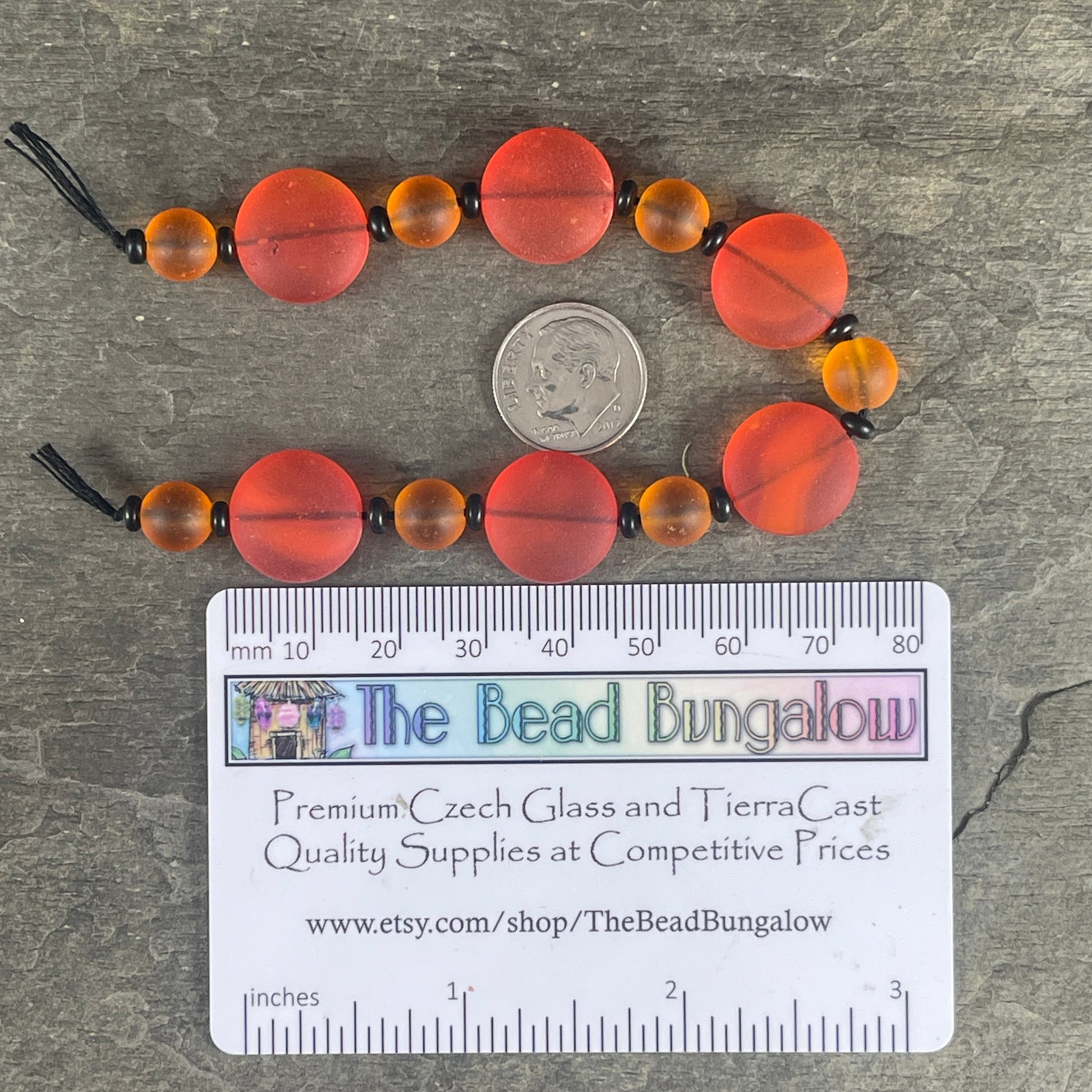 Orange Recycled Tumbled Glass, Matte Orange Glass with Black Spacers - Halloween Beads - 7 " Strand with 26 Beads