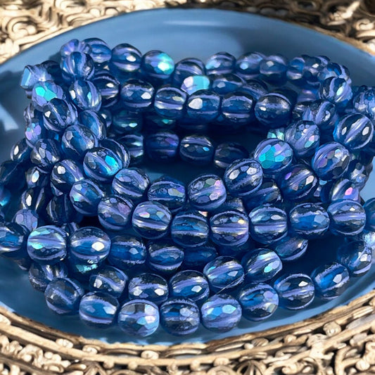 6mm Matte Pacific Blue Czech Glass Faceted Melon Shape Beads, Blue Glass with Purple Wash and AB Finish (FM6/N-2010) * Qty. 25