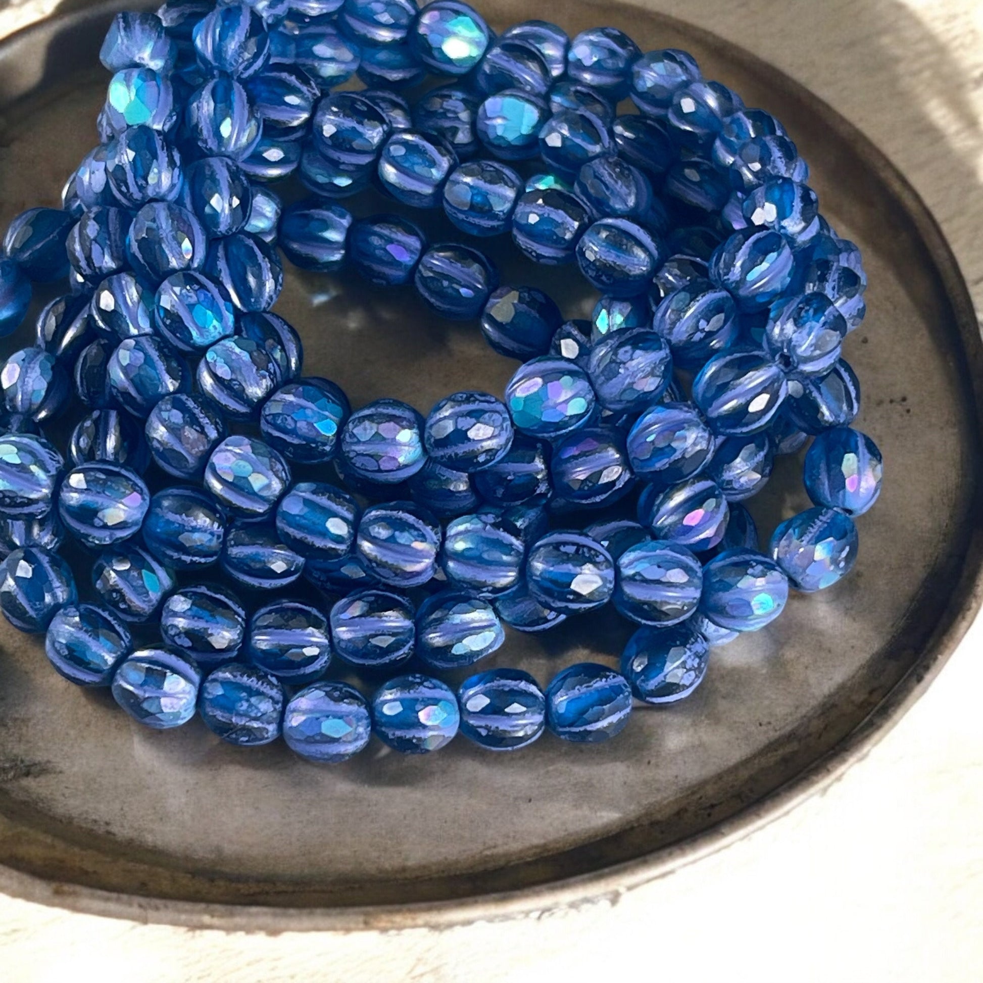 6mm Matte Pacific Blue Czech Glass Faceted Melon Shape Beads, Blue Glass with Purple Wash and AB Finish (FM6/N-2010) * Qty. 25