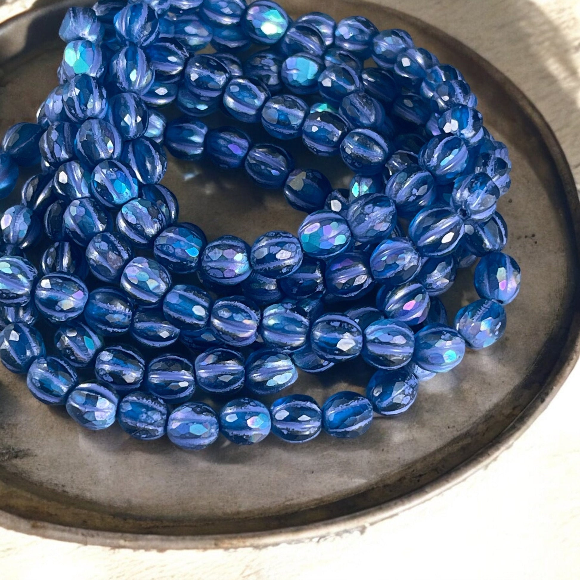 Czech Glass Beads - 5.5mm Matte Pacific Blue Faceted Melon Shape Beads, Blue Glass with Purple Wash and AB Finish (FM6/N-2010) * Qty. 25