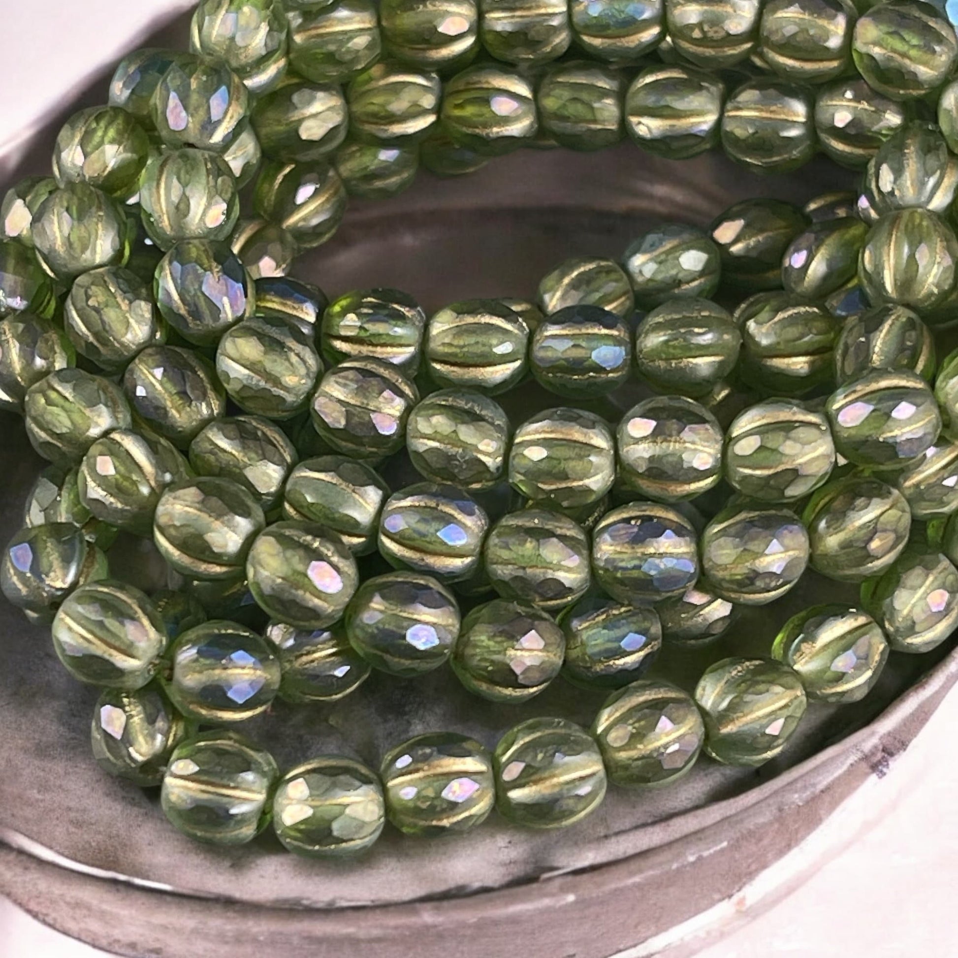 6mm Olive Green Czech Glass Faceted Melon Shape Beads, Matte Green Glass with Gold Wash and Luster Finish (FM6/N-2007) * Qty. 25