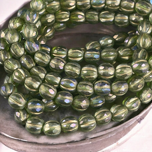 Czech Beads - 5.5mm Faceted Melon, Matte Olive Green with Gold Wash (FM6/N-2007) * 25 Beads