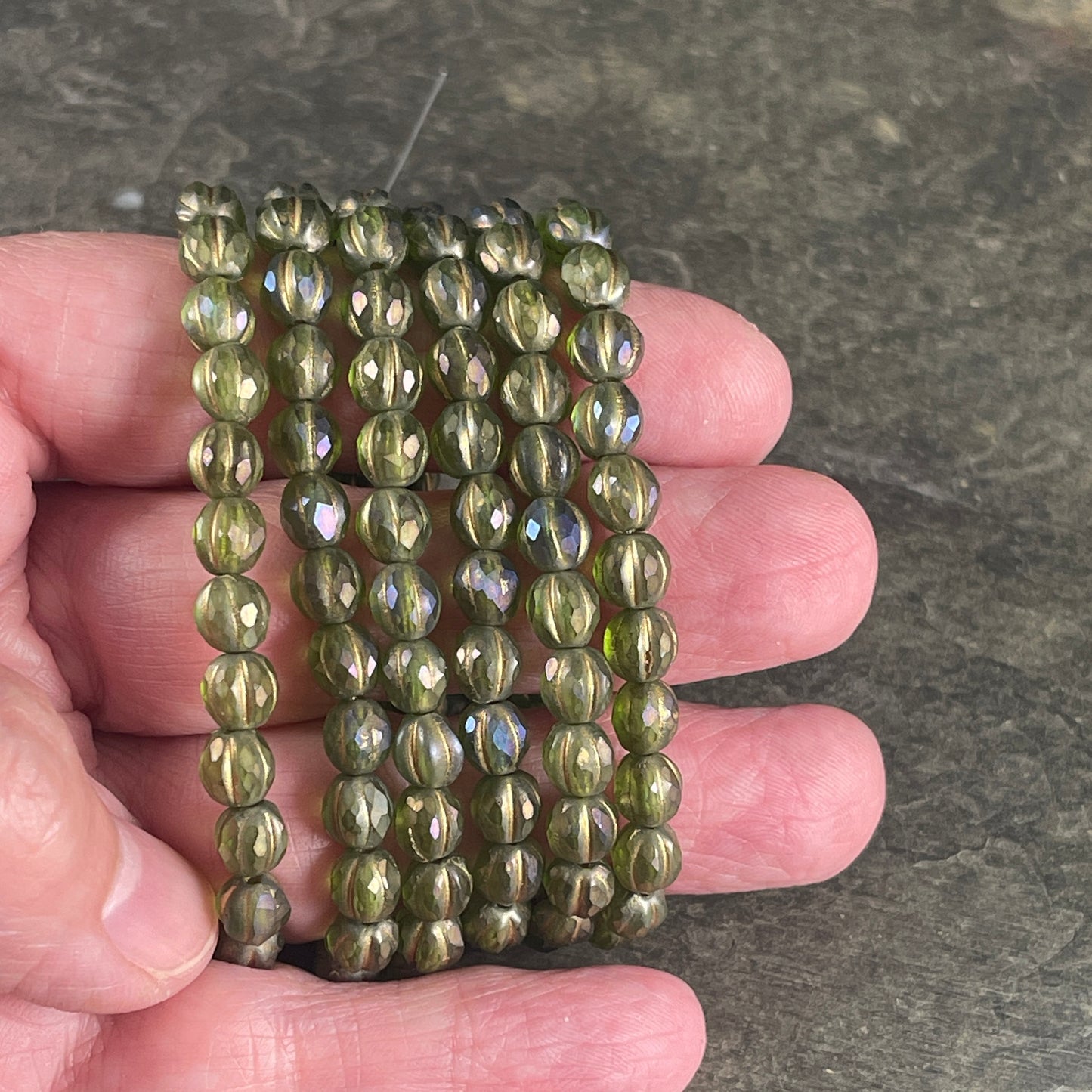 6mm Olive Green Czech Glass Faceted Melon Shape Beads, Matte Green Glass with Gold Wash and Luster Finish (FM6/N-2007) * Qty. 25