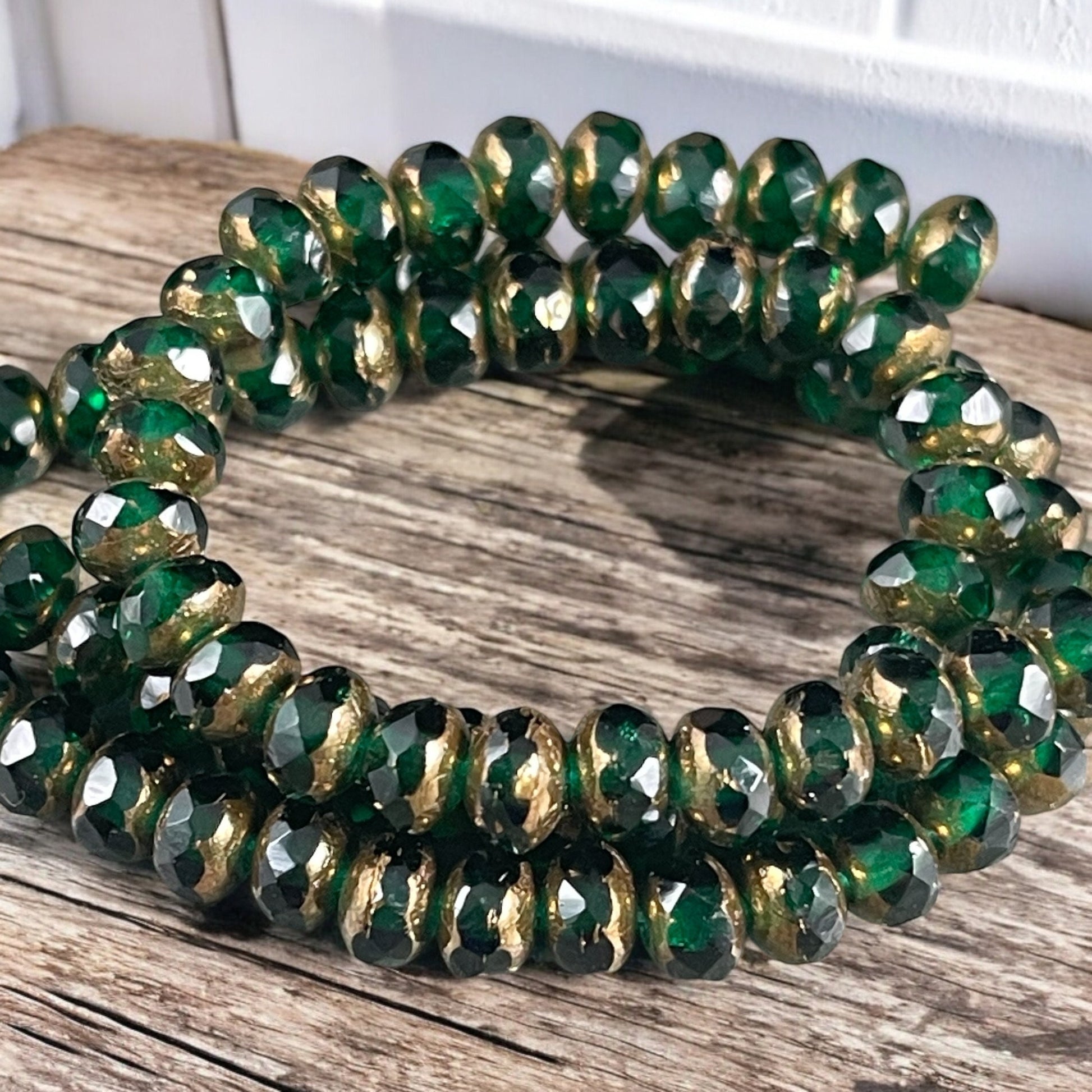 5x3mm Emerald Green Czech Glass Faceted Rondelle Beads, Emerald Green Glass with Bronze Picasso (R5/0416) * Qty. 30
