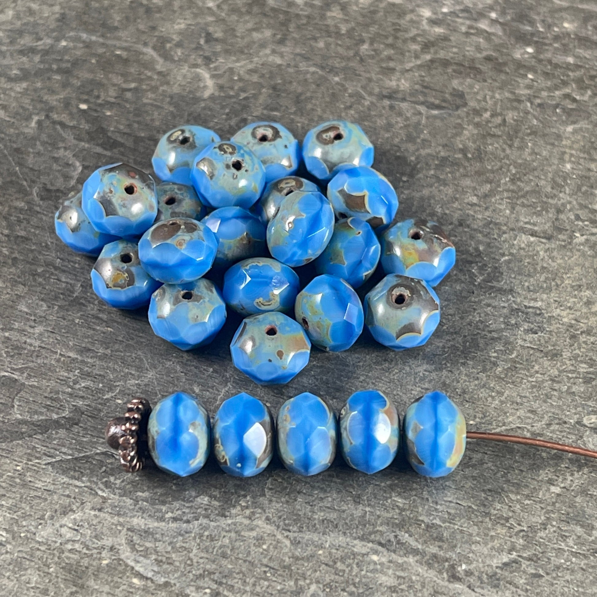 Cornflower Blue Rondelles, 8x6mm Czech Glass Beads - Medium Blue Picasso Beads (R8/N-0570) * Qty. 25