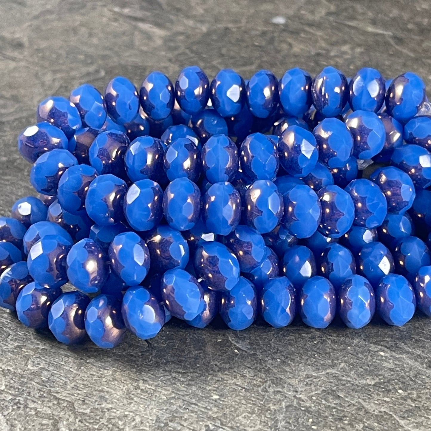 Dark Cornflower Blue Opaline Rondelles, 8x6mm Czech Glass Beads, Blue Glass with Bronze Picasso (R8/N-0950) * Qty. 25